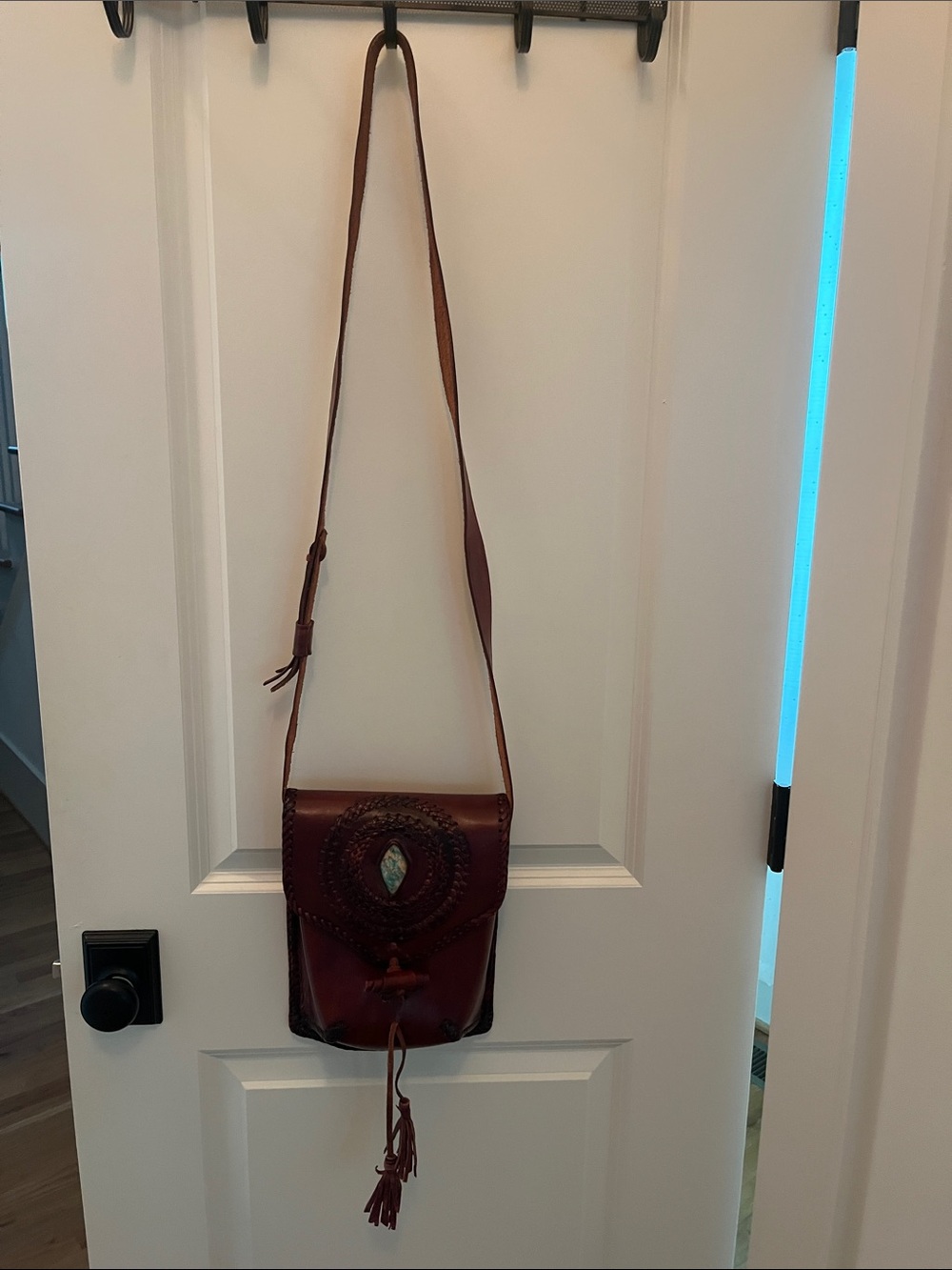 Handcrafted Brown Leather Crossbody Bag with Turquoise Accent
